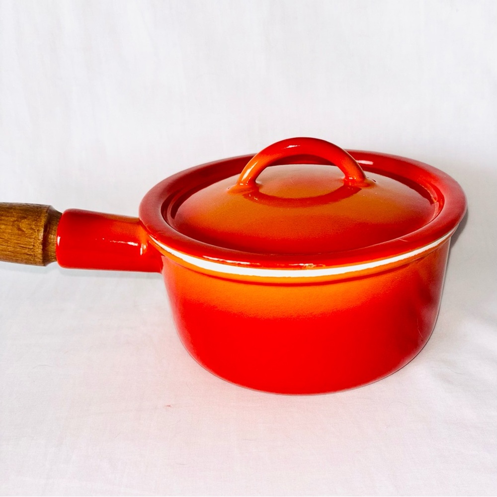 Vintage Descoware FE Belgium Cast Iron Enamel Pot Orange Red Flame 80A SMALL #14